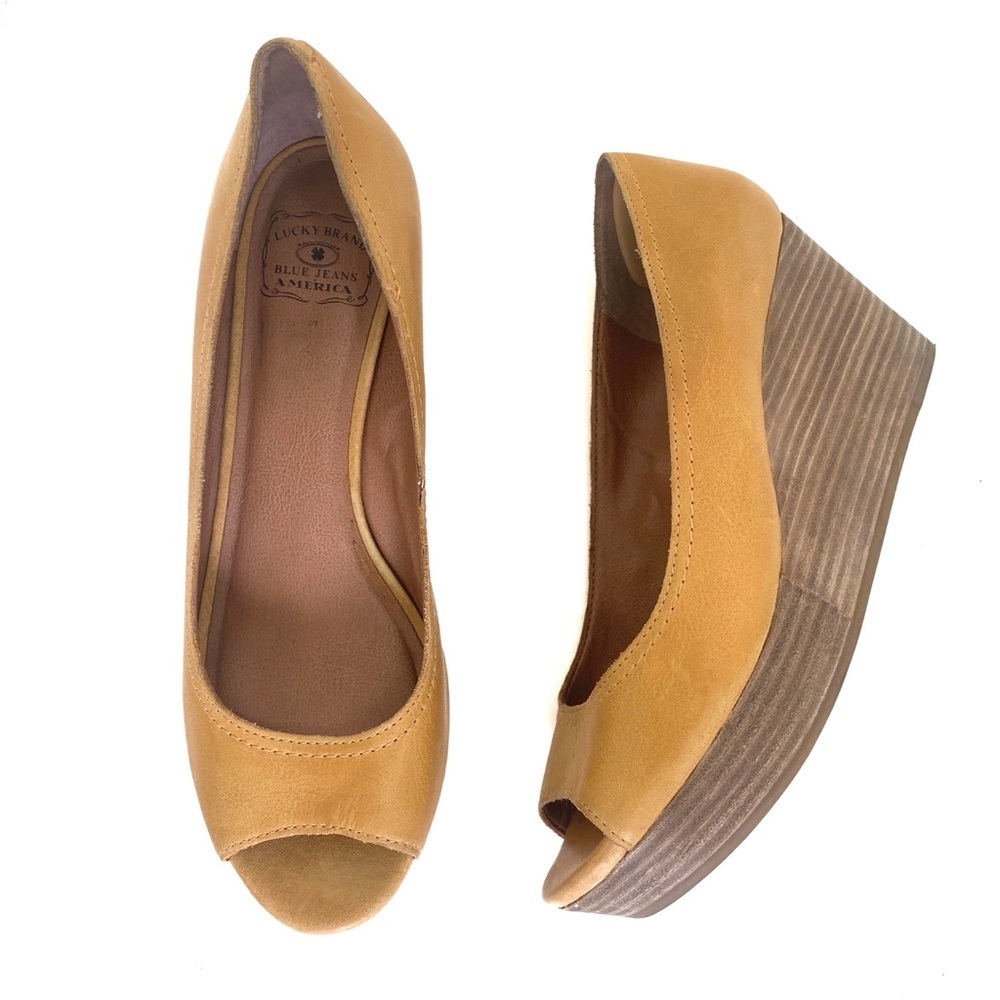 Lucky Brand Leather Peep Toe Wood Wedge Platform Heels Gold 9